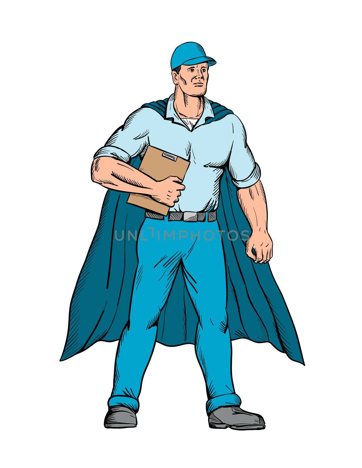 Cartoon style illustration of a worker as a superhero wearing a cape and holding a clipboard standing viewed from front on isolated background done in full color.