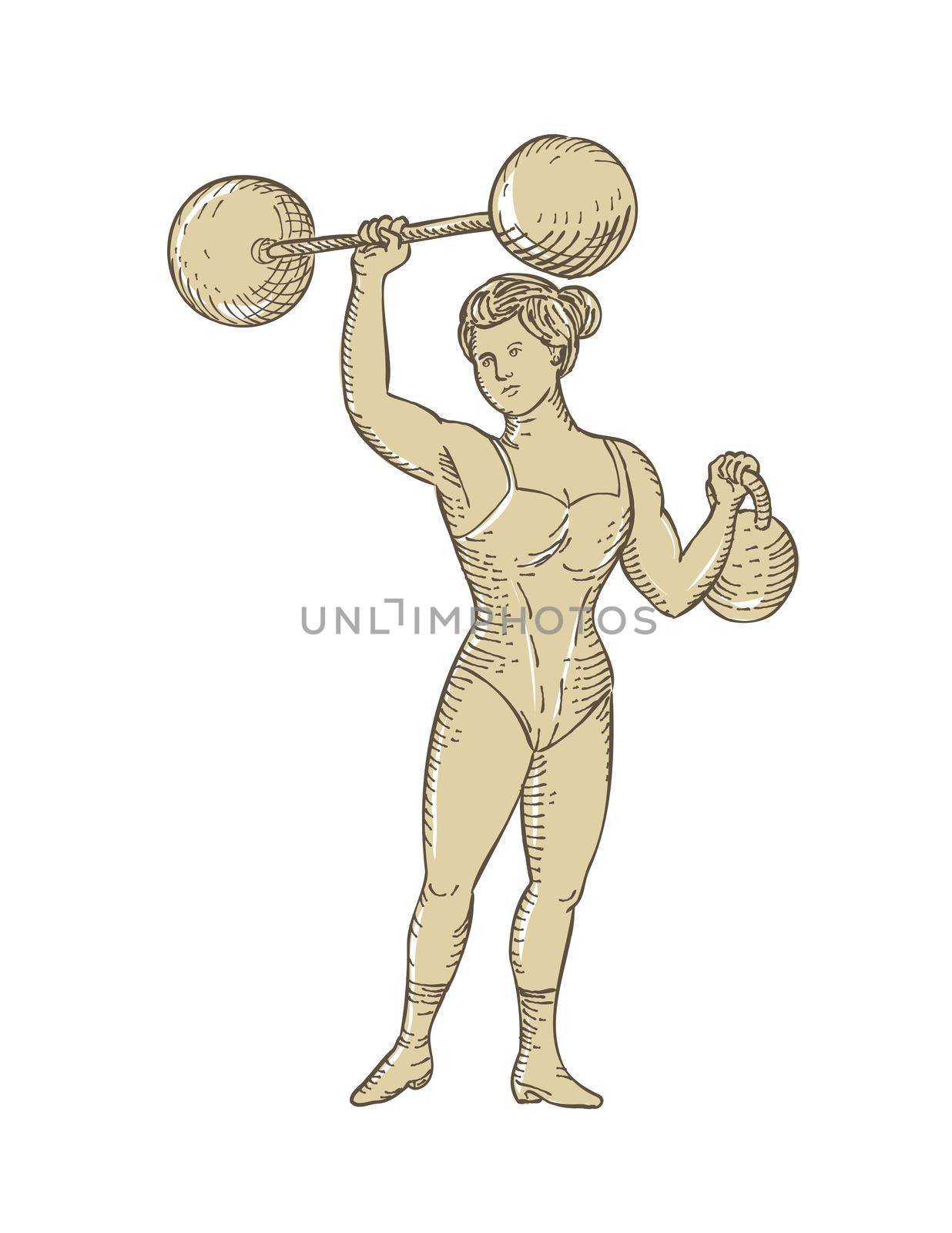 Vintage Circus Strongwoman Female or Lady Strongman Lifting Barbell on One Hand and Kettlebell in Etching Engraving Style  by patrimonio