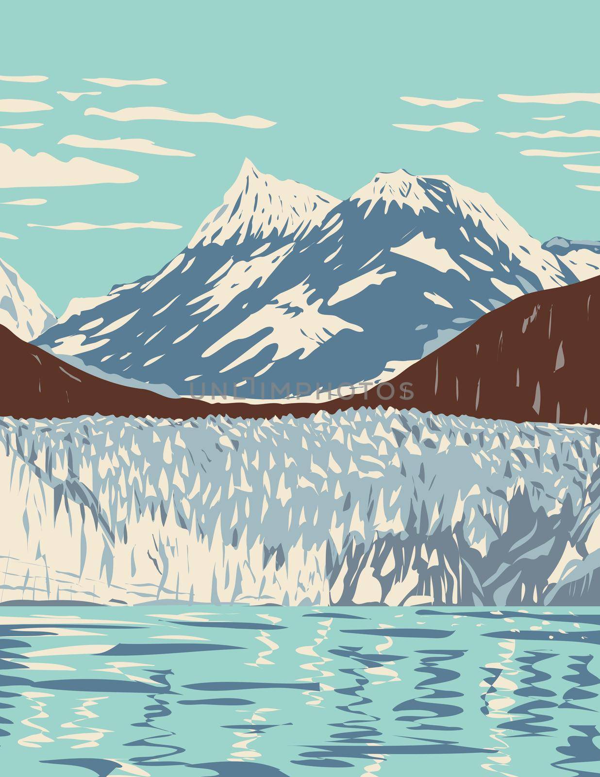 Glacier Bay National Park and Preserve with Tidewater Glaciers Mountains Fjords Located West of Juneau Alaska WPA Poster Art by patrimonio
