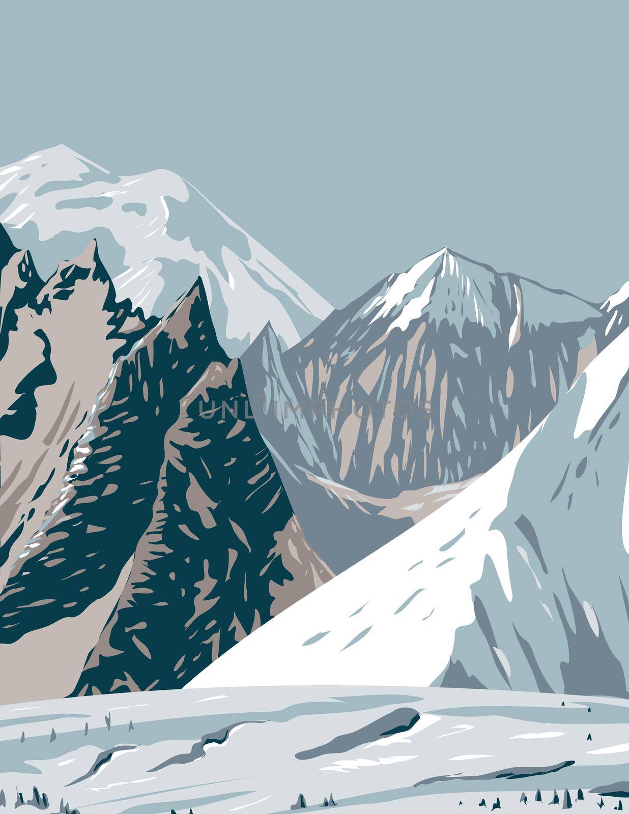 Mount Hunt Mount Huntington and Mount Dickey of the Alaska Range near Denali National Park WPA Poster Art by patrimonio