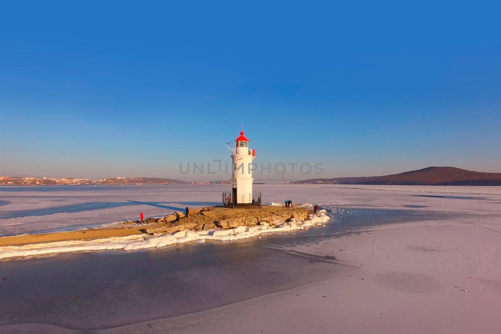 Aerial view overlooking the seascape and Tokarev lighthouse. Vladivostok, Russia