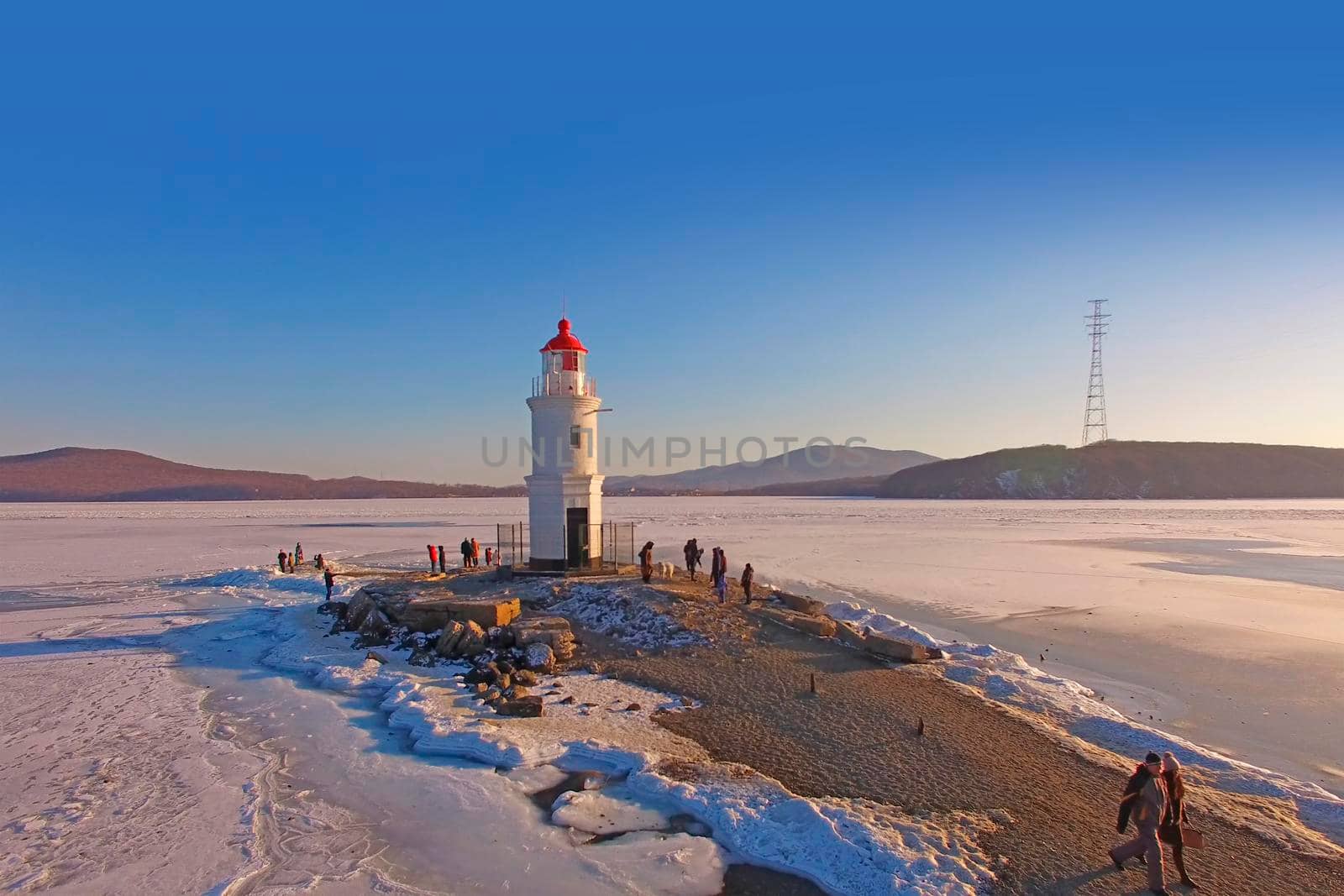 Aerial view overlooking the seascape and Tokarev lighthouse. Vladivostok, Russia