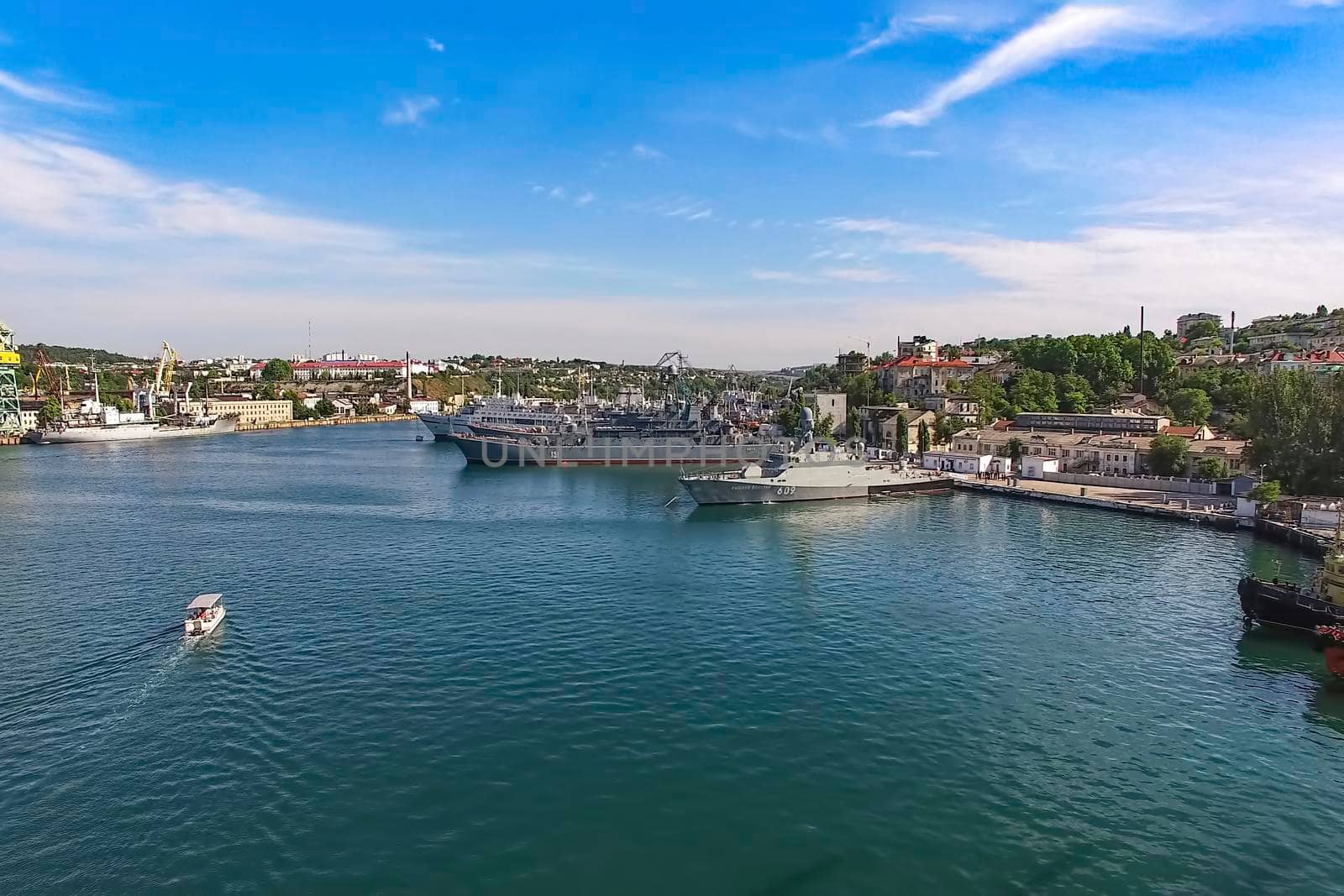 Aerial view of the urban landscape of Sevastopol overlooking the Bay and warships, Crimea.