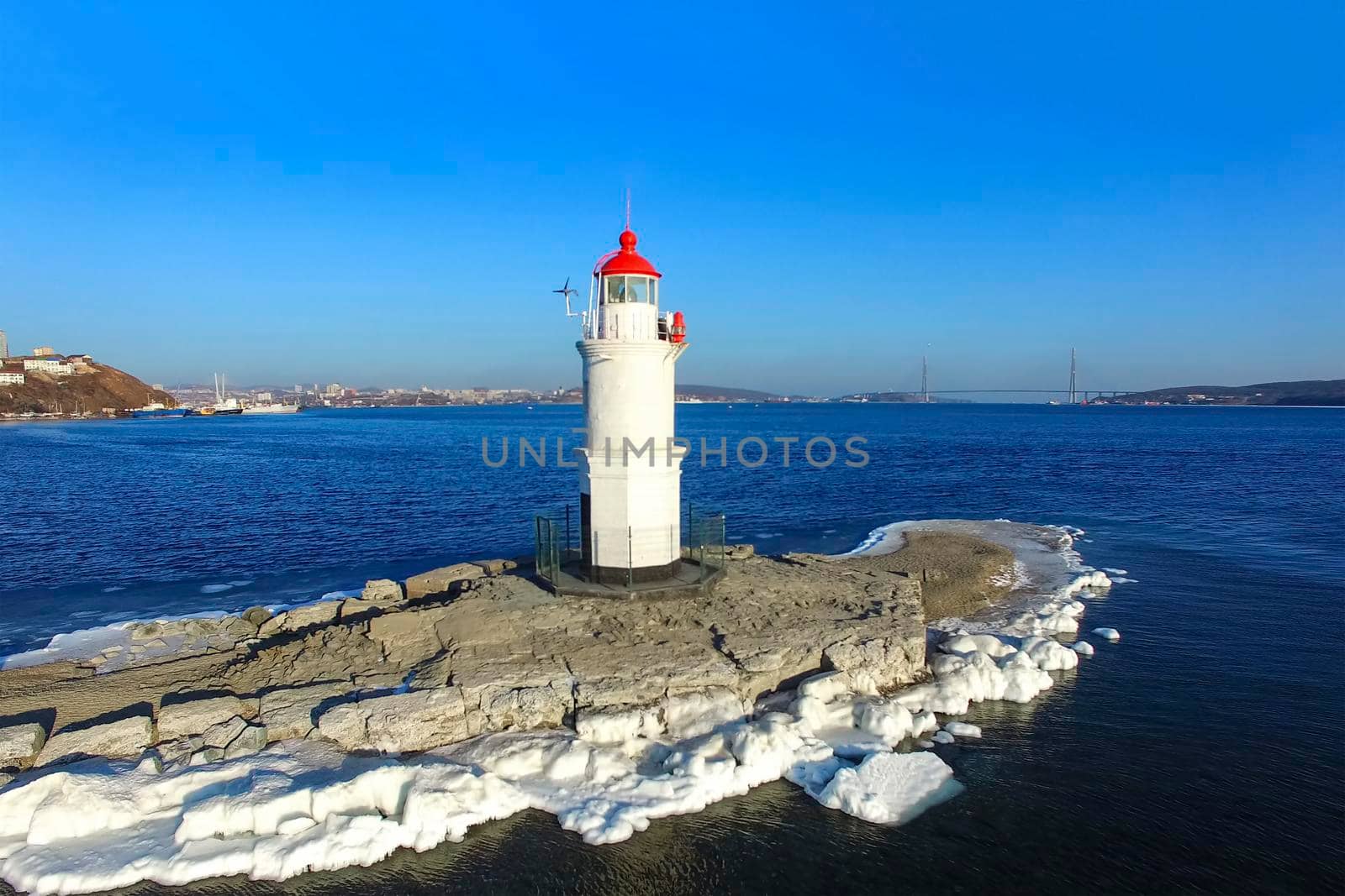 Aerial view overlooking the seascape and Tokarev lighthouse. Vladivostok, Russia