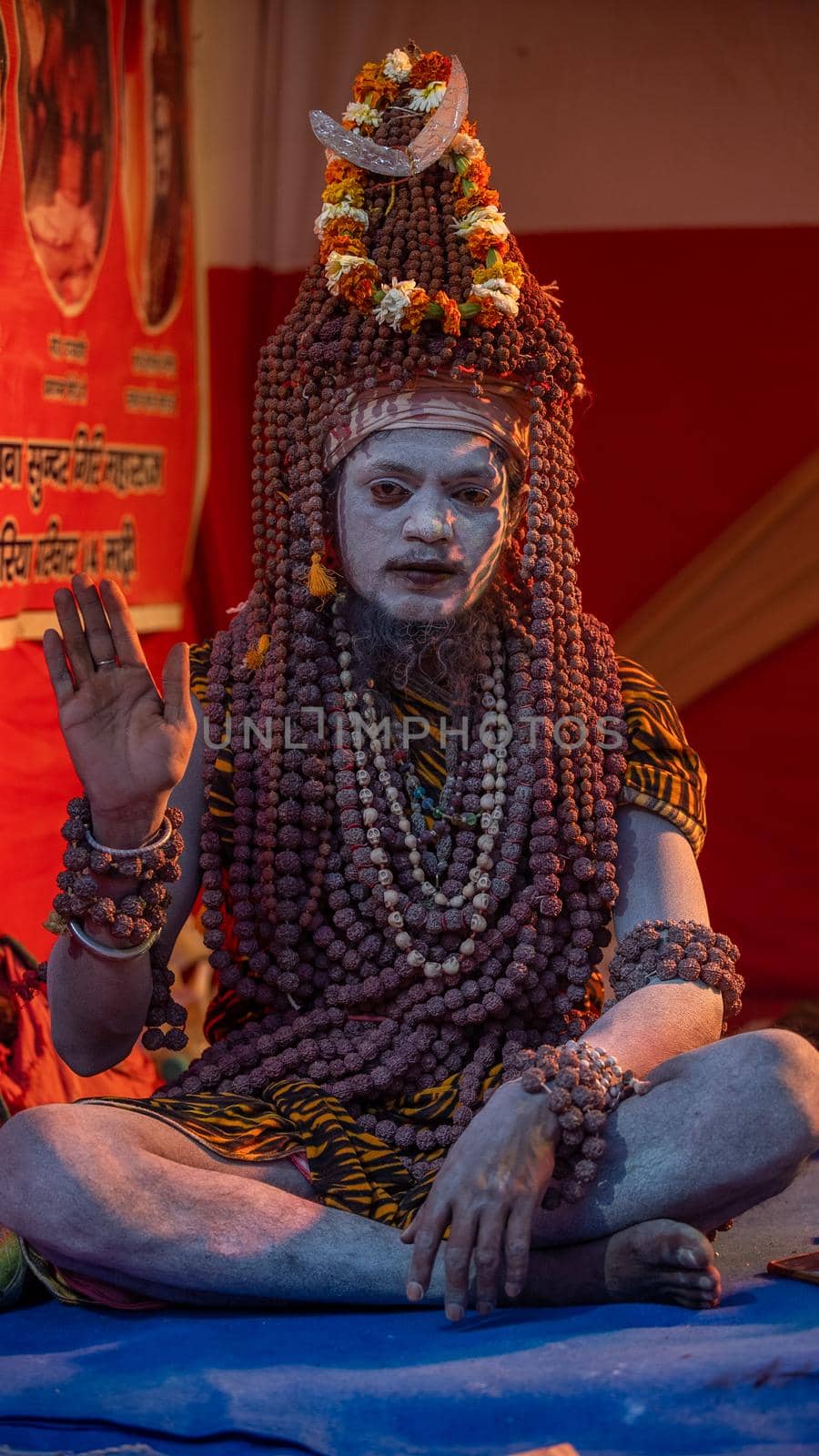 Haridwar, Uttarakhand, India April 12, 2021. Indian Saints in their traditional way of Yog Mudra, meditating. Sitting in silence as part of the initiation of new sadhus during Kumbha Mela. The Naga Sadhus. Apple prores 422 High-quality 4k footage