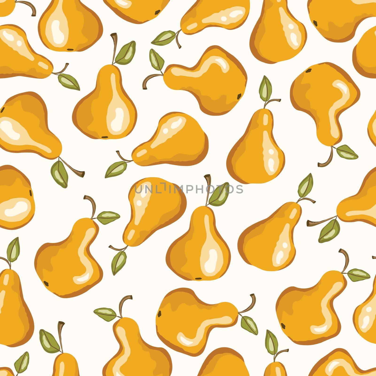 Seamless pattern with pear on white background. Natural delicious fresh ripe tasty fruit. Vector illustration for print, fabric, textile, banner, your design. Stylized pears with leaves. Food concept.