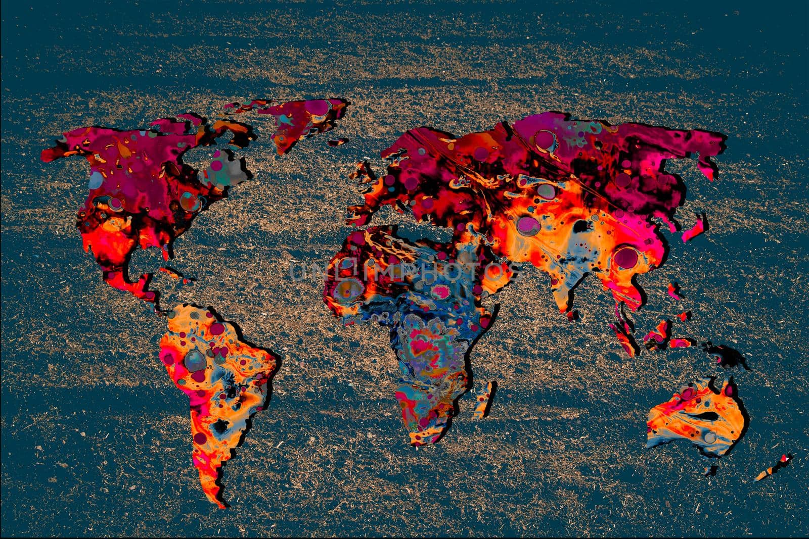 Roughly outlined world map with a colorful background patterns