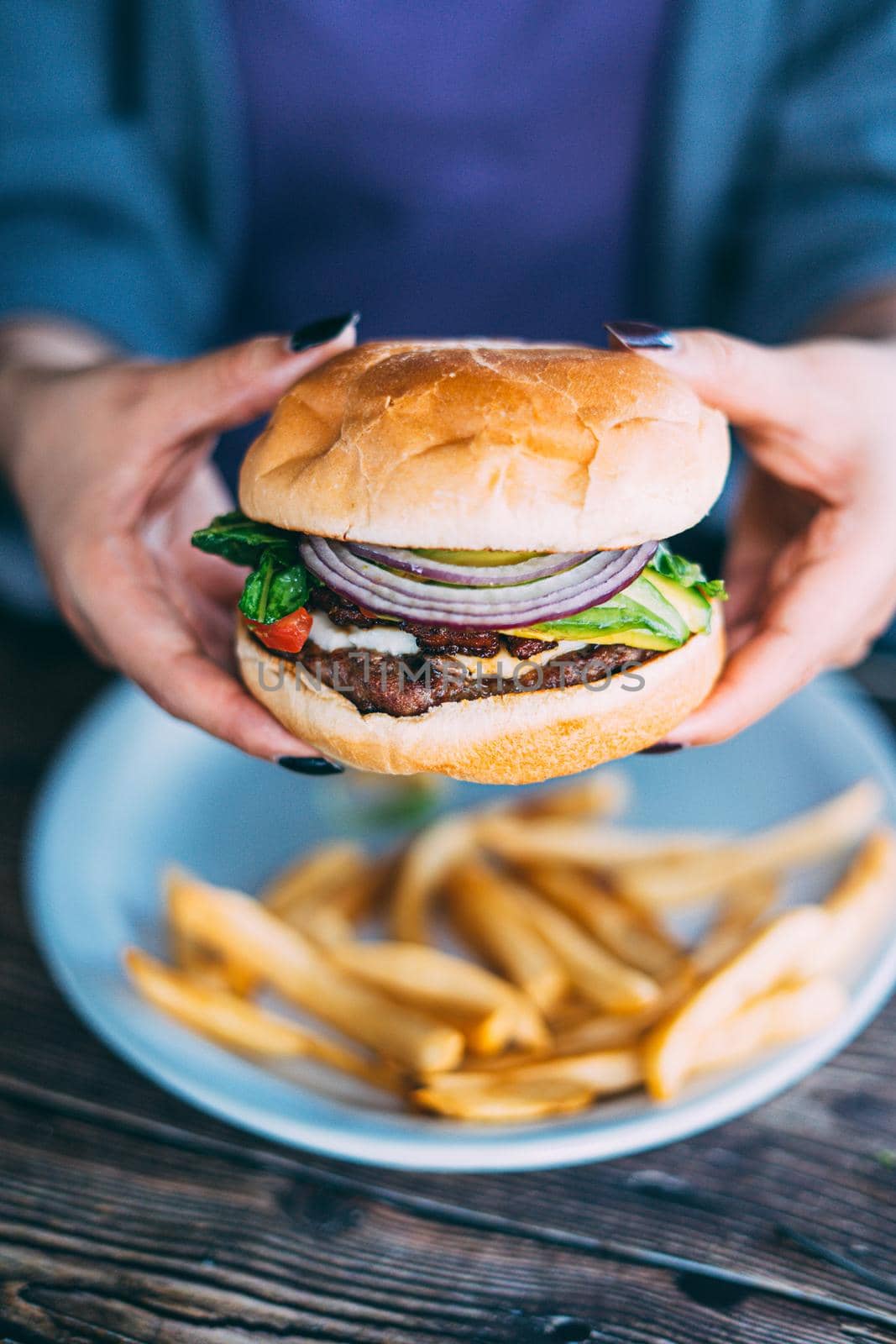 A plate of hamburger and fries by castaldostudio