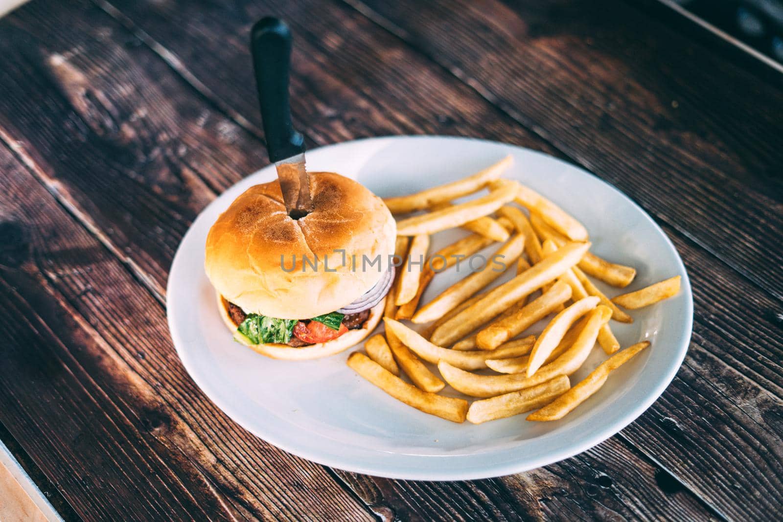 A plate of hamburger and fries by castaldostudio