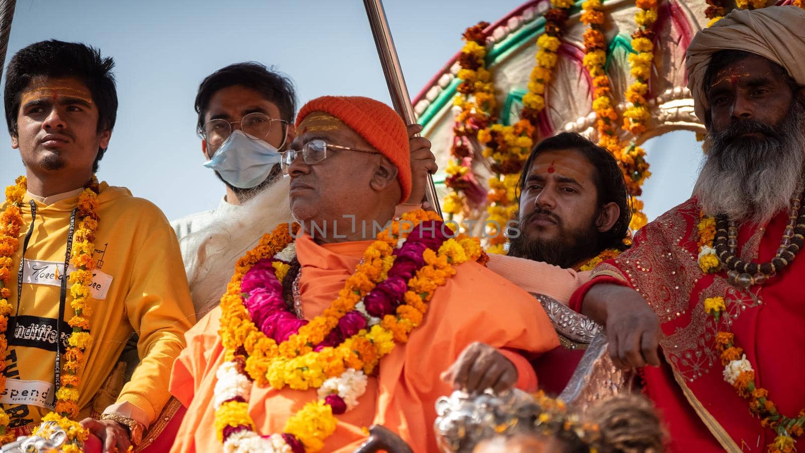 Haridwar, Uttarakhand. India- March 5, 2021- Indian sadhus coming to Kumbh Mela, Royal welcome. Sadhus sitting in rides, wearing a garland,