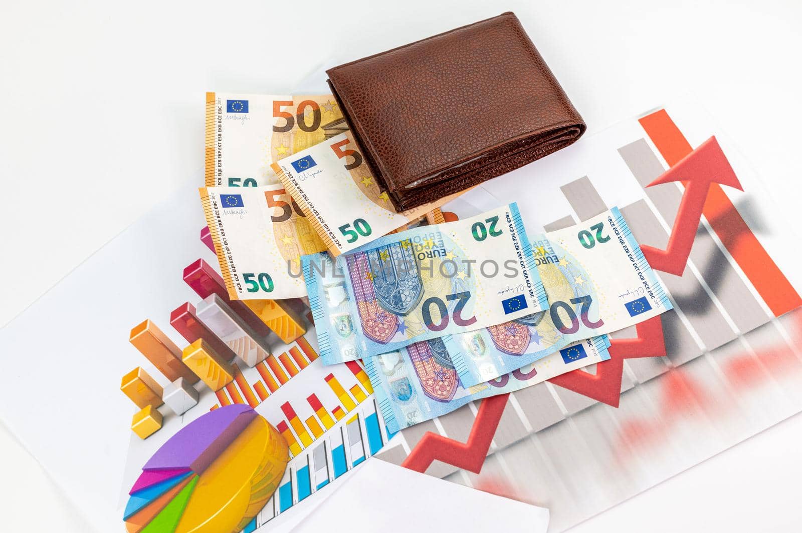 20 and 50 euro banknotes with graphs and portfolios on a white background