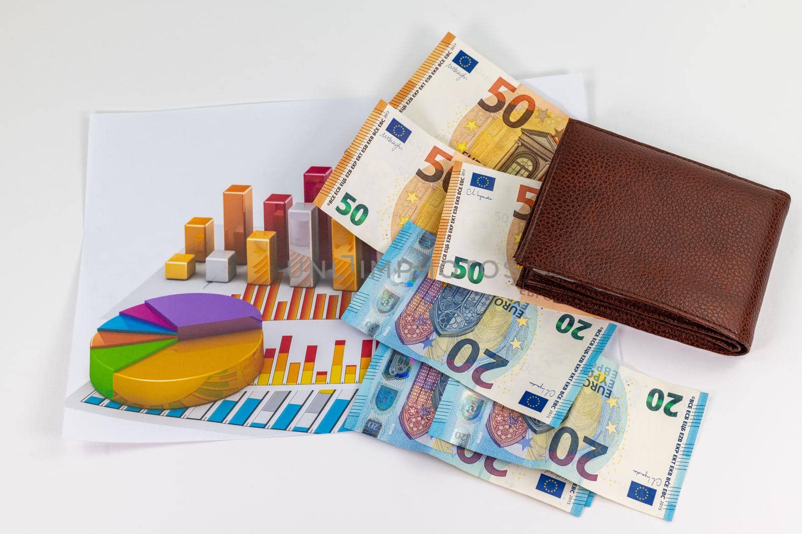 20 and 50 euro banknotes with charts and portfolios by carfedeph