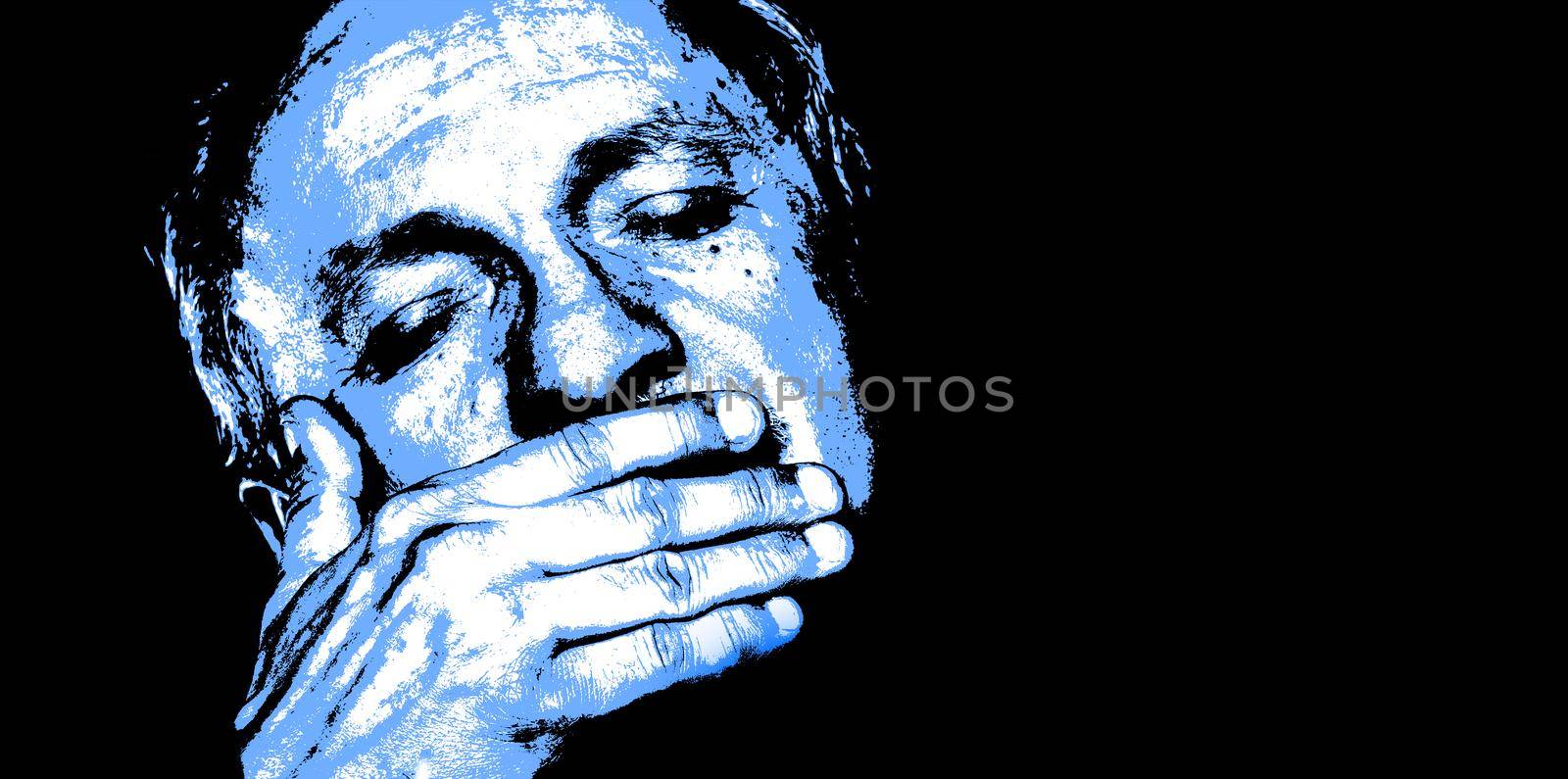 An elderly man with closed eyes. Elderly man suffering from a headache. Contemporary art and poster style image with copy space.