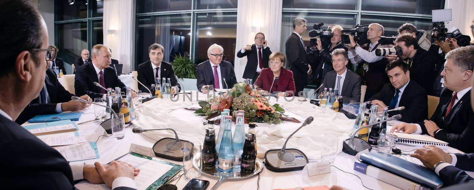 BERLIN, GERMANY - Oct 19, 2016: German Chancellor Merkel, Russian President Vladimir Putin, President Ukraine Petro Poroshenko and French President Francois Hollande on the meeting in Normandy format