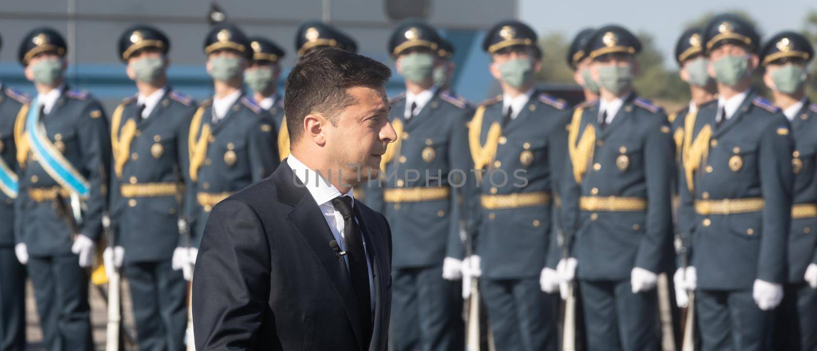 VASYLKIV, UKRAINE - Aug. 23, 2020: President of Ukraine Volodymyr Zelensky took part in the ceremony of raising the State Flag of Ukraine at the military airfield in Vasylkiv, Kyiv region