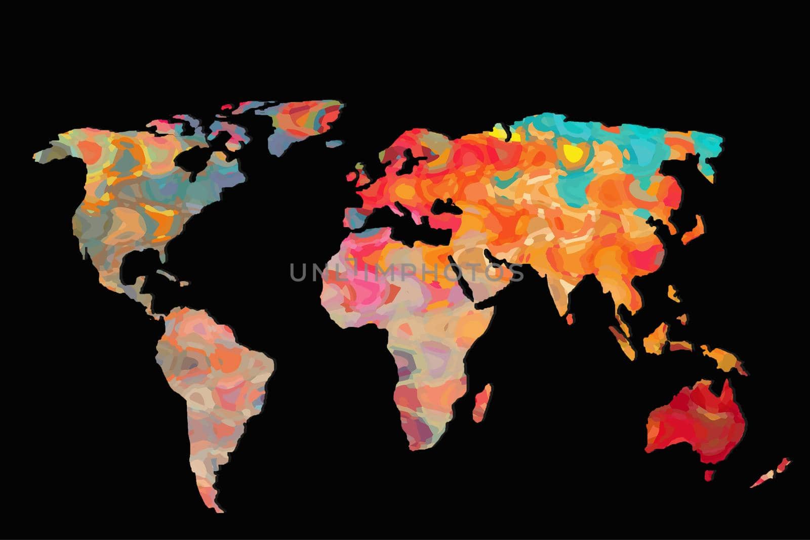 Roughly outlined world map with a colorful background patterns