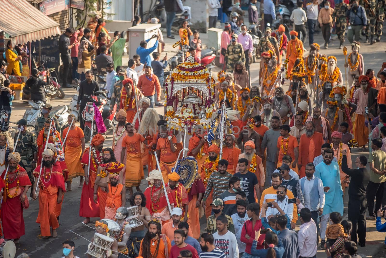 Haridwar, Uttarakhand. India- March 5, 2021- Indian sadhus coming to Kumbh Mela, Royal welcome. Sadhus sitting in rides, wearing a garland,