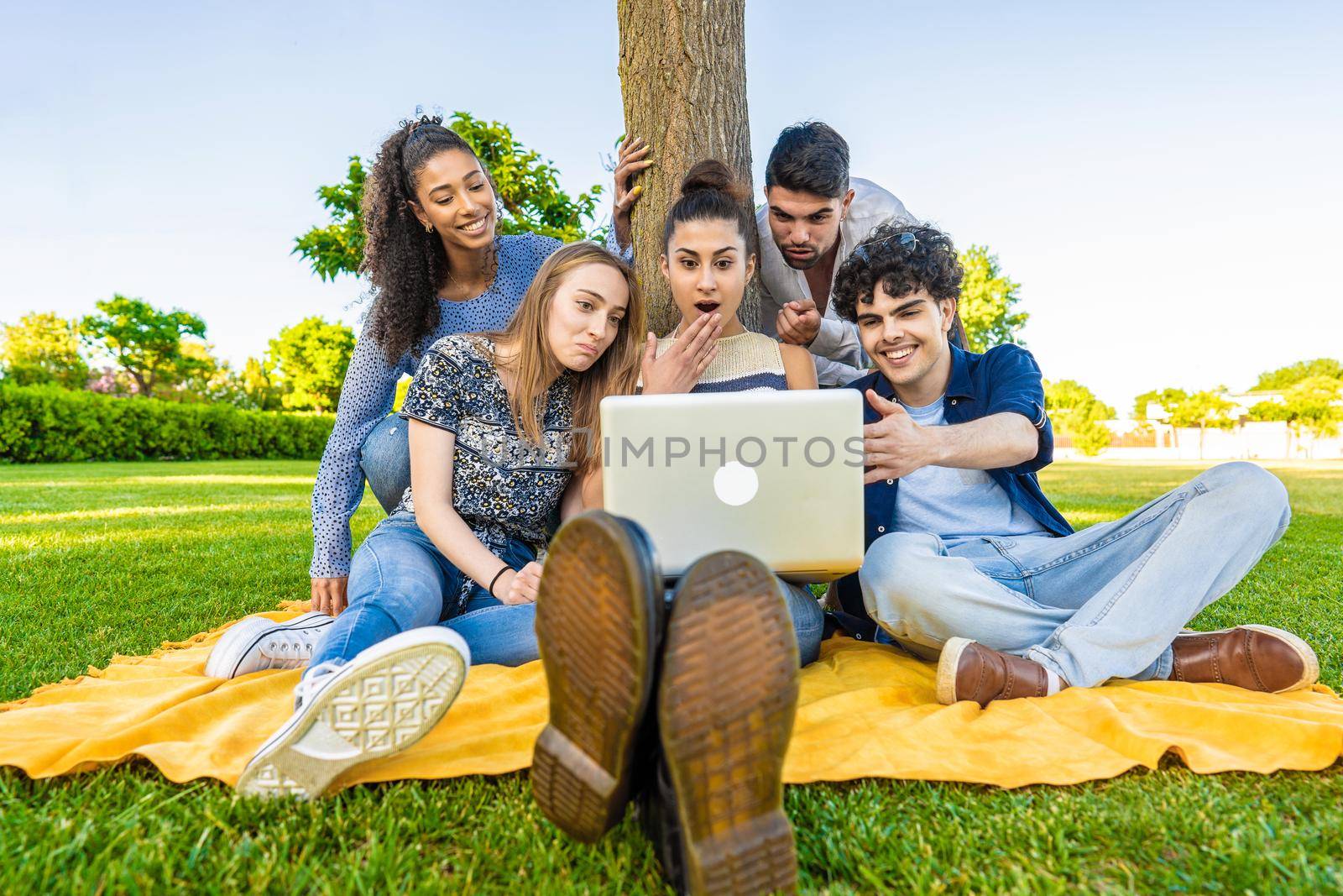 Group of five happy young diverse multiracial gen z people sitting on the grass in a city park field using laptop to surfing net. Shocked woman with surprise watching social networks with her friends