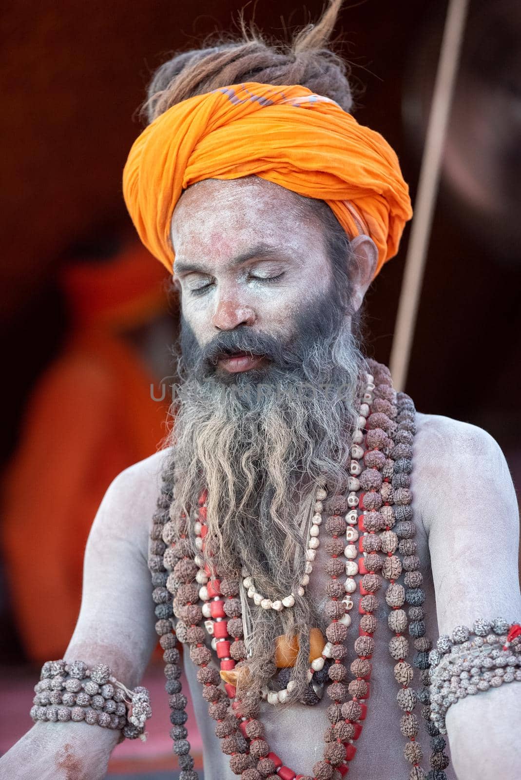 Haridwar, Uttarakhand, India April 12, 2021. Indian Saints in their traditional way of Yog Mudra, meditating. Sitting in silence as part of the initiation of new sadhus during Kumbha Mela. The Naga Sadhus.