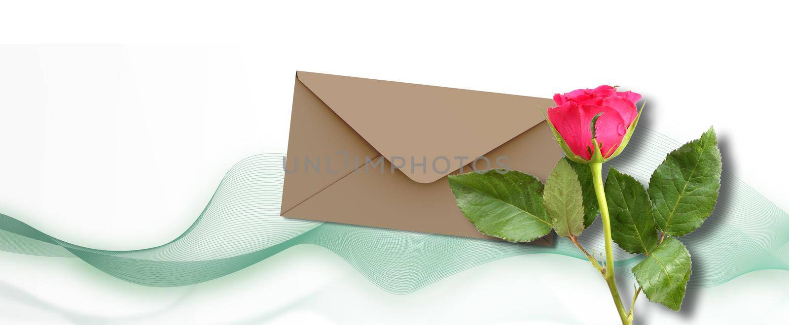 Single Red rose flower on white background with abstract green waves, envelop for mock up. Flowers for holiday cards, mother's day, 8 March, birthday, wedding, Valentine's Day. Top view, flat lay