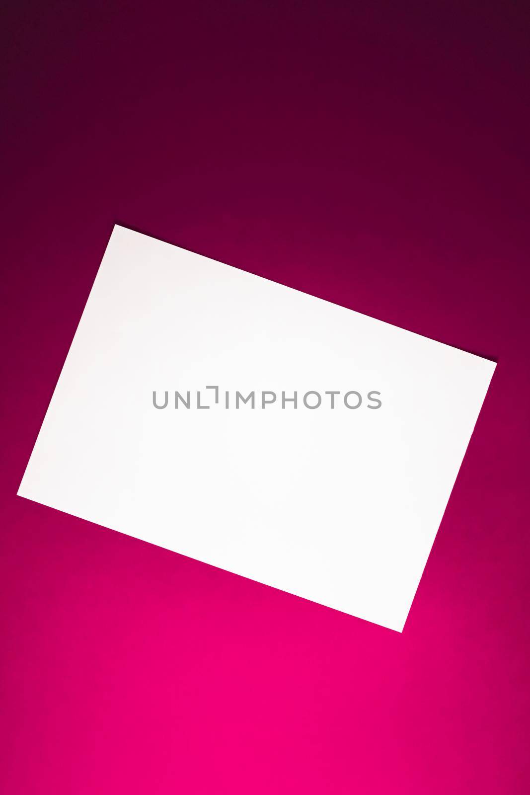 Blank A4 paper, white on pink background as office stationery flatlay, luxury branding flat lay and brand identity design for mockup.