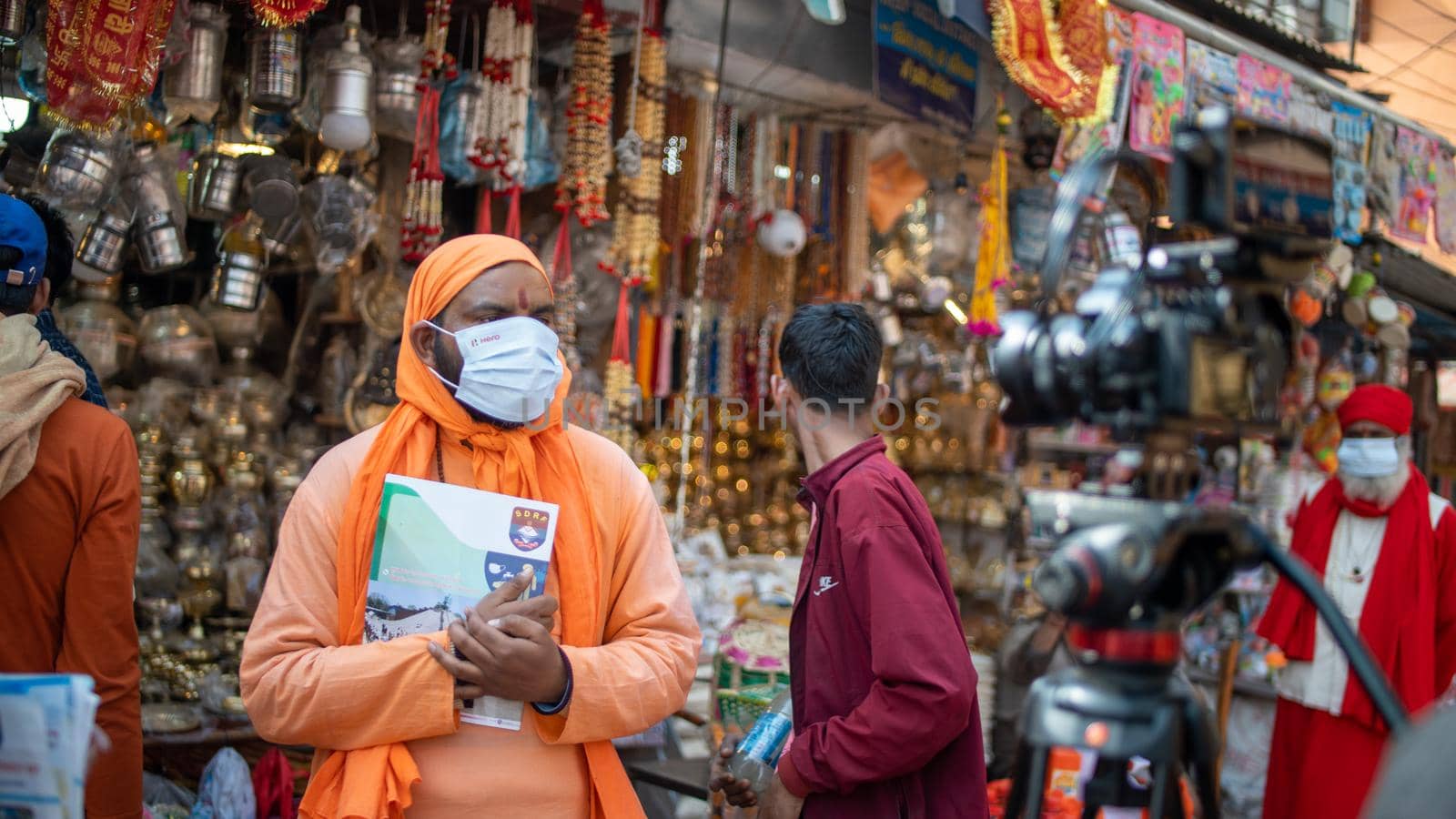 Haridwar, Uttarakhand.India- March 05 2021- Indian saints at largest gathering festival Kumbh mela at Haridwar, Uttarakhand, India, wearing Coronavirus protection mask, Appleprores422 4k Cinetone High quality 4k footage