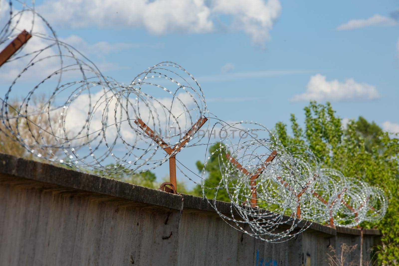 close-up view of barb wire over concrete fence.
