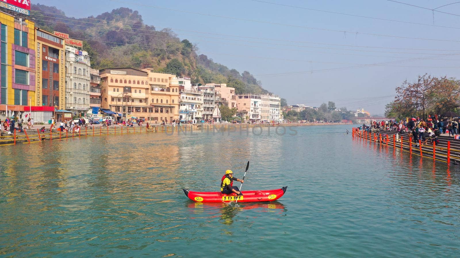 Haridwar, Uttarakhand, India, April 14, 2021.SDRF Uttarakhand raft in Holy Ganges river for safety and rescue purpose, Haridwar Uttarakhand India