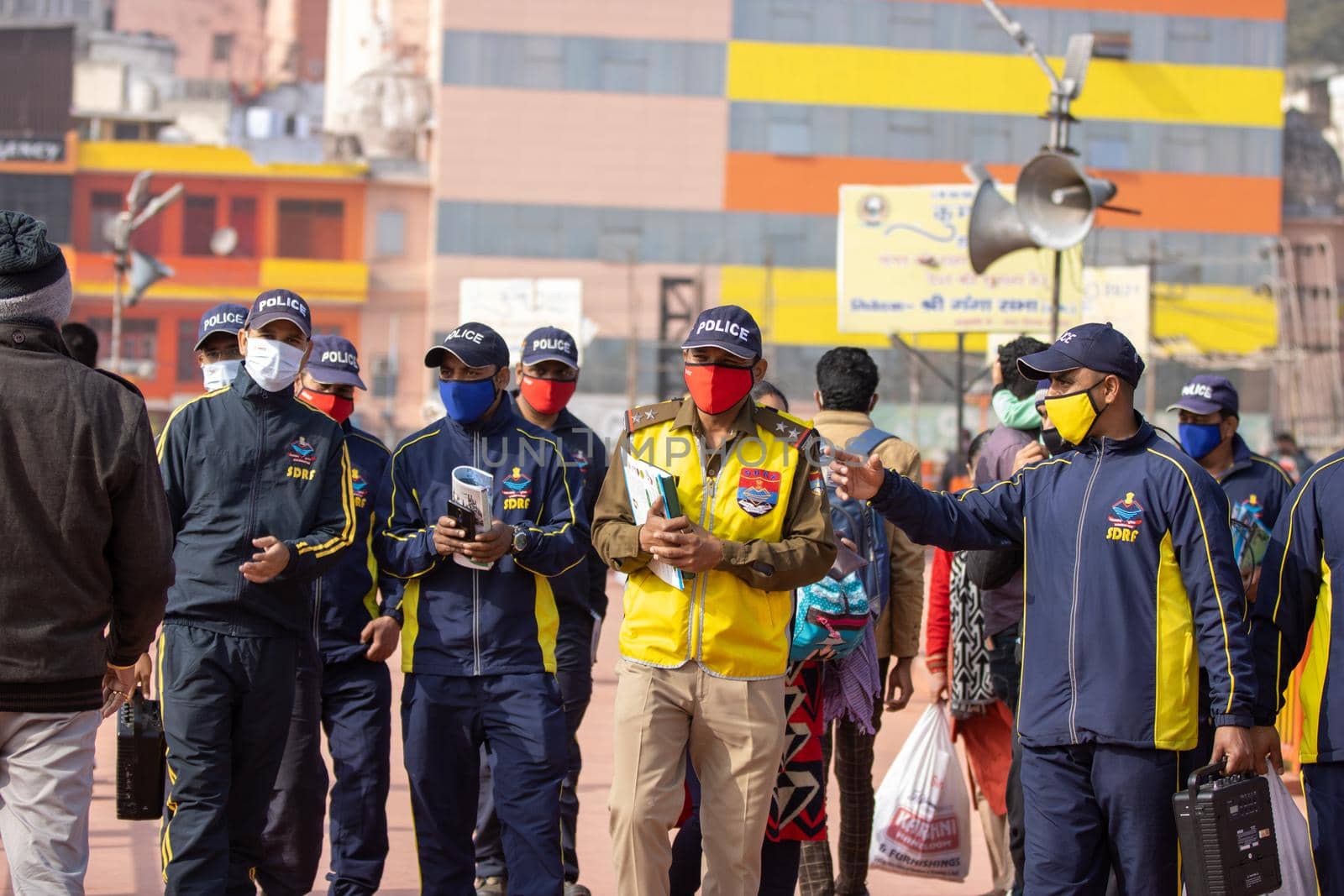 Haridwar, Uttarakhand India April 06, 2021. Policemen spreading awareness of protection from Coronavirus to stay safe from Coronavirus during Maha Kumbh 2021. Apple prores 422 High-quality 4k footage.