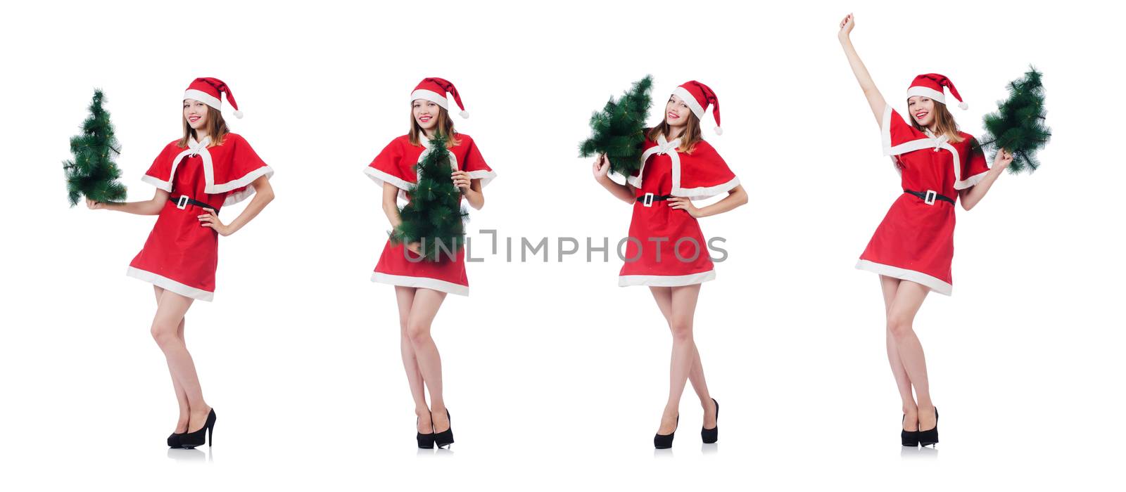 Young woman in red santa costume on white