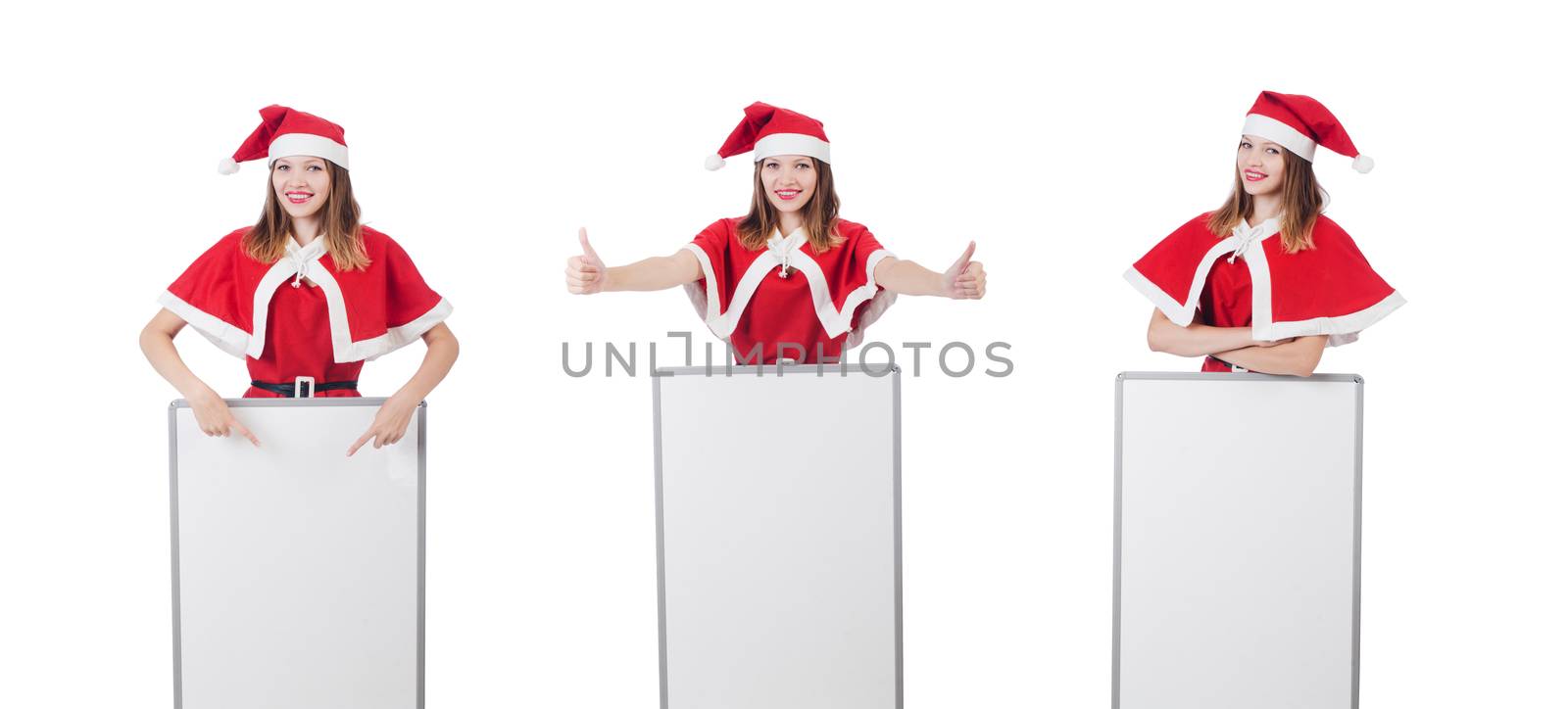 Young woman in red santa costume on white
