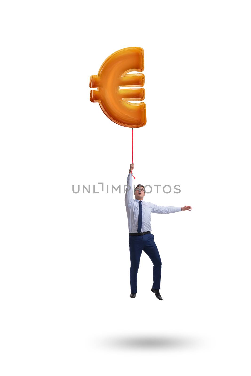 Businessman flying on euro sign inflatable balloon