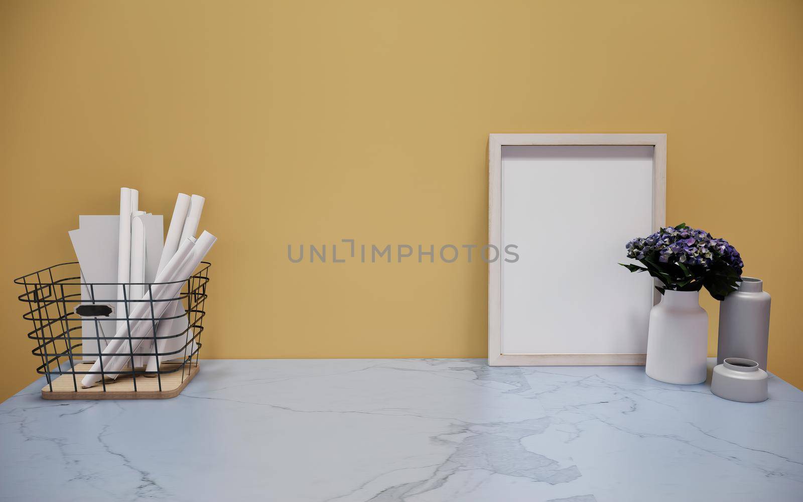 Marble wooden free frame with green plant on white wall, 3d render, 3d illustration, canvas print mockup
