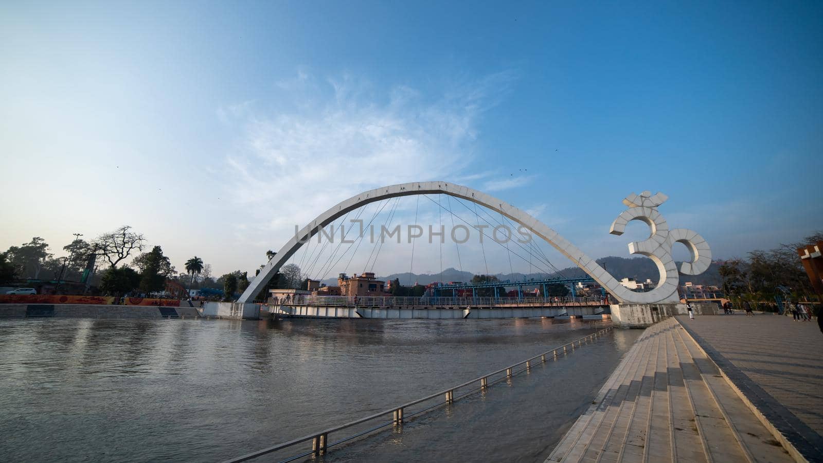 Om bridge in Haridwar, Uttarakhand India. Om is a sacred sound of a spiritual symbol in Indian religions. Appleprores 422 4k Cinetone. High quality photo