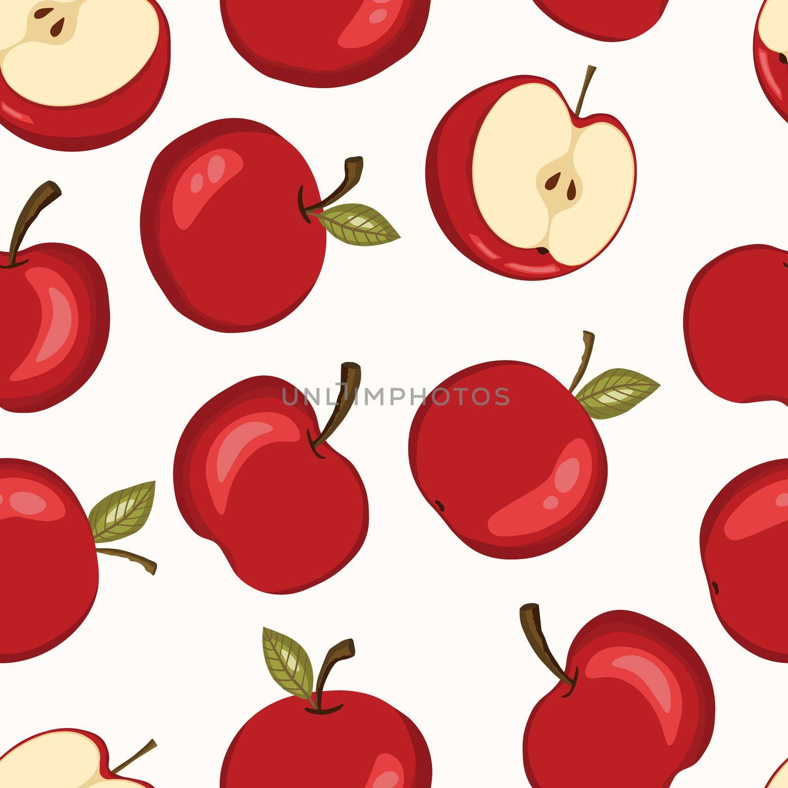 Seamless pattern with apple on white background. Natural delicious fresh ripe tasty fruit. Vector illustration for print, fabric, textile, banner, design. Stylized apples with leaves. Food concept.