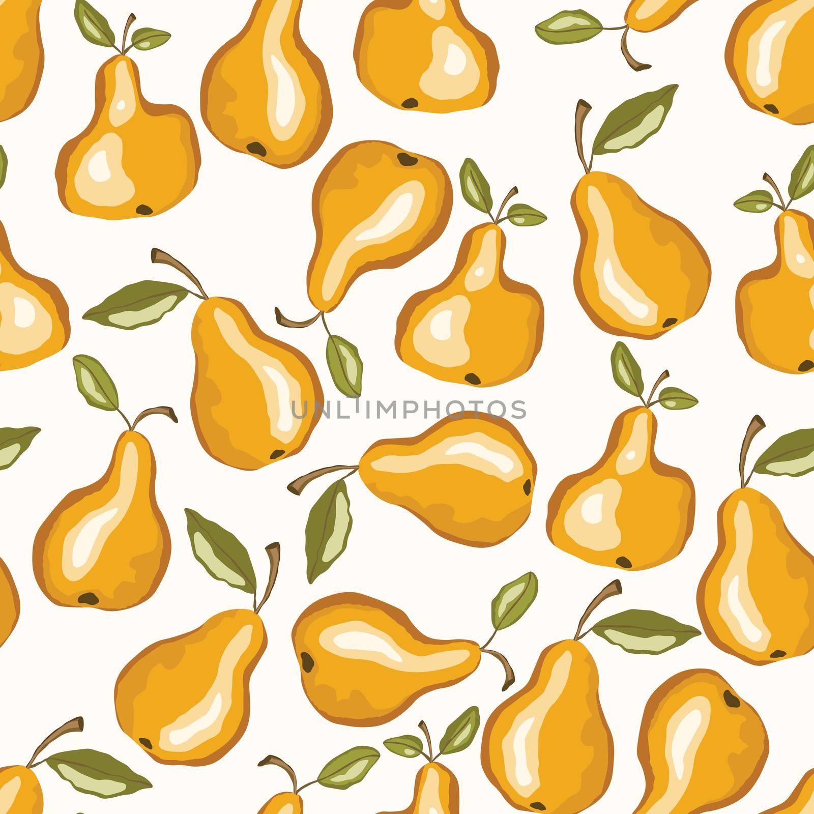 Seamless pattern with pear on white background. Natural delicious fresh ripe tasty fruit. Vector illustration for print, fabric, textile, other design. Stylized pears with leaves. Food concept.