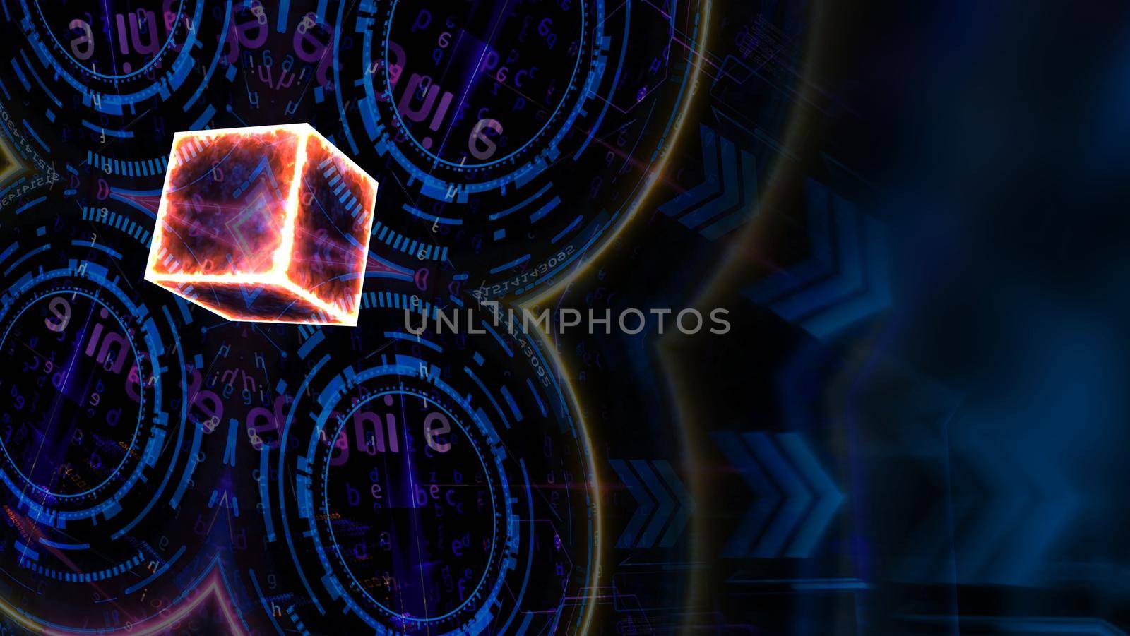 cube eternal fire energy and quantum futuristic technology computer with digital matrix and laser