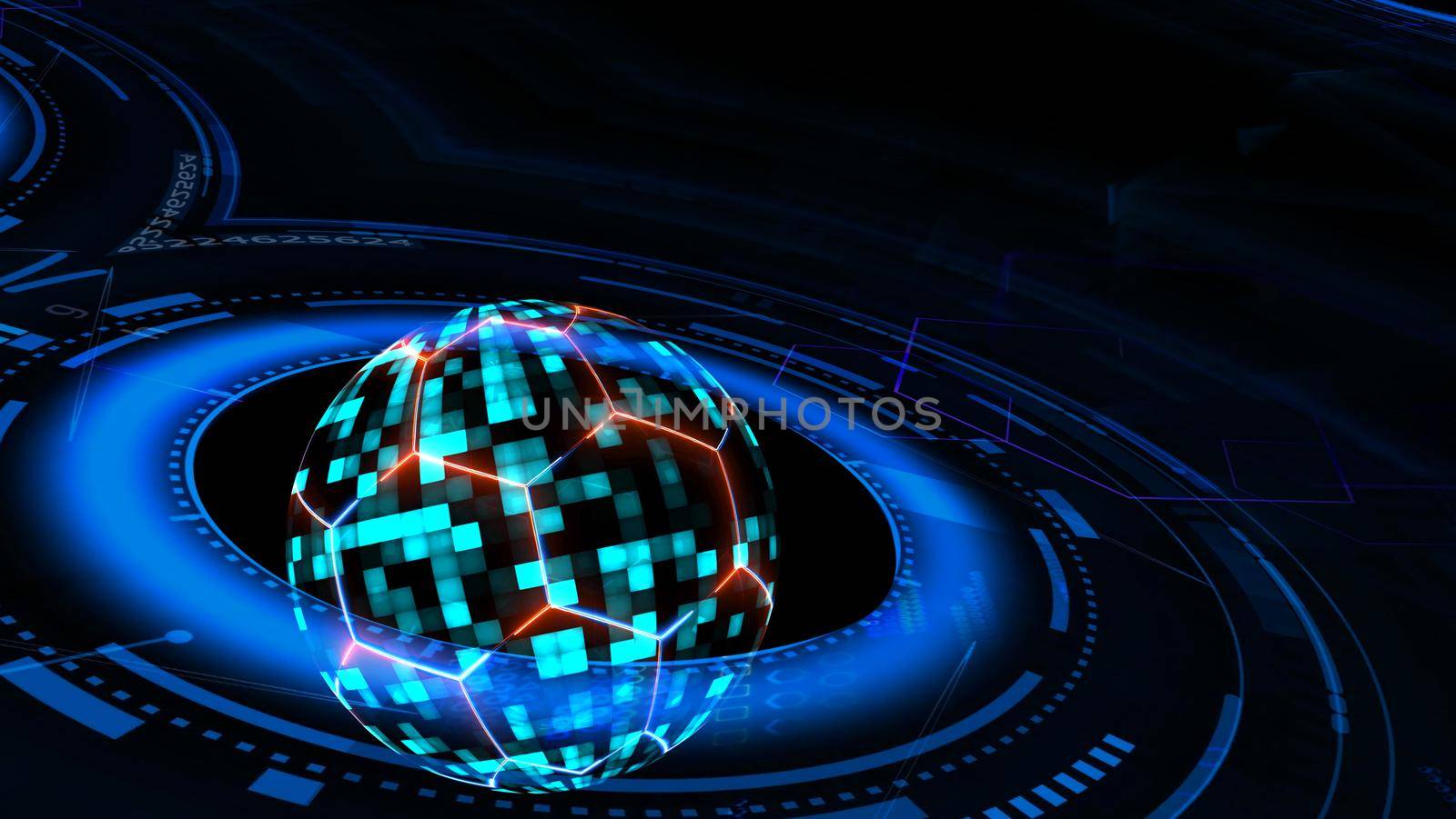 Quantum futuristic technology computer with digital blue sphere and hexagon and red blue laser wire animation cover and protection