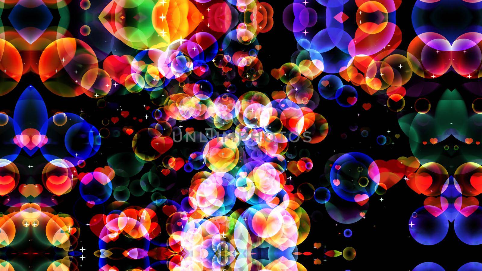 reflection dark abstract dimension rainbow bubbles with dancing hearts floating on black screen with white star theme valentine day and love concept