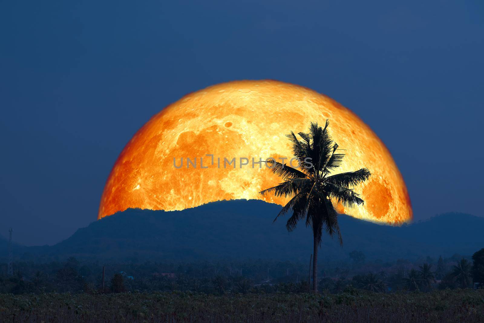 Super blood moon and silhouette coconut tree mountain in the night sky by Darkfox