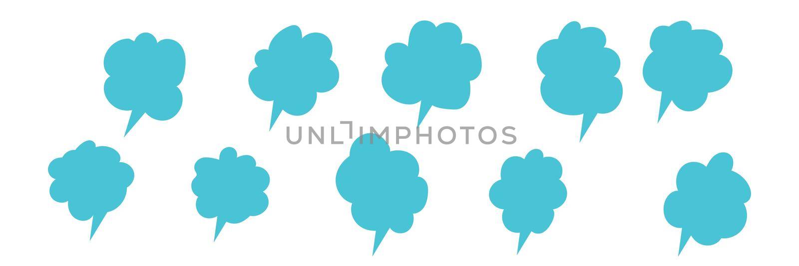 Set of color speech bubbles. Cartoon Vector illustration. Isolated on transparent white background. Hand draw style, dialog clouds.