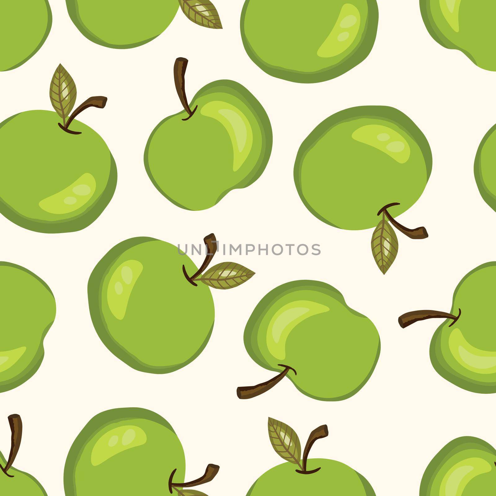 Seamless pattern with apple on white background. Natural delicious fresh ripe tasty fruit. Vector illustration for print, fabric, textile, other design. Stylized apples with leaves. Food concept by allaku