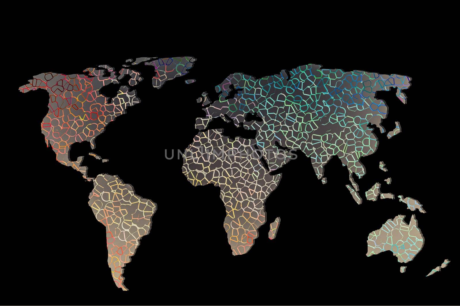 Roughly outlined world map with a colorful background patterns