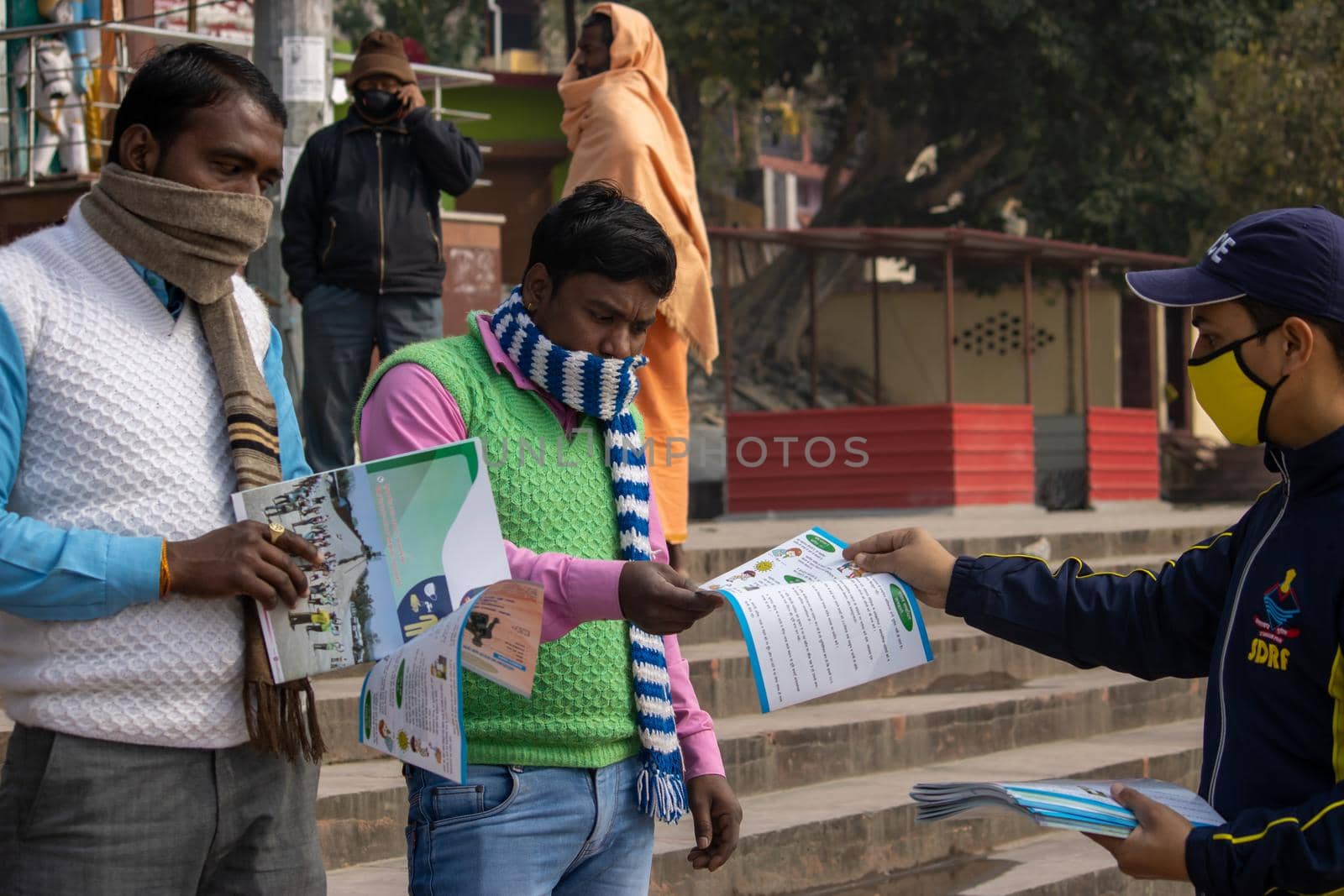 Haridwar, Uttarakhand India April 06, 2021. Policemen spreading awareness of protection from Coronavirus to stay safe from Coronavirus during Maha Kumbh 2021. Apple prores 422 High-quality 4k footage.