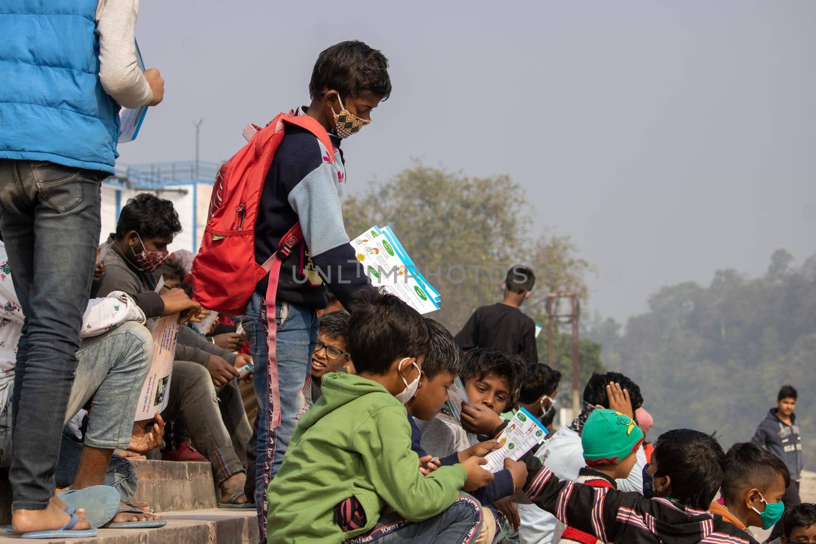 Haridwar, Uttarakhand India April 06, 2021. Policemen spreading awareness of protection from Coronavirus to stay safe from Coronavirus during Maha Kumbh 2021. Apple prores 422 High-quality 4k footage.