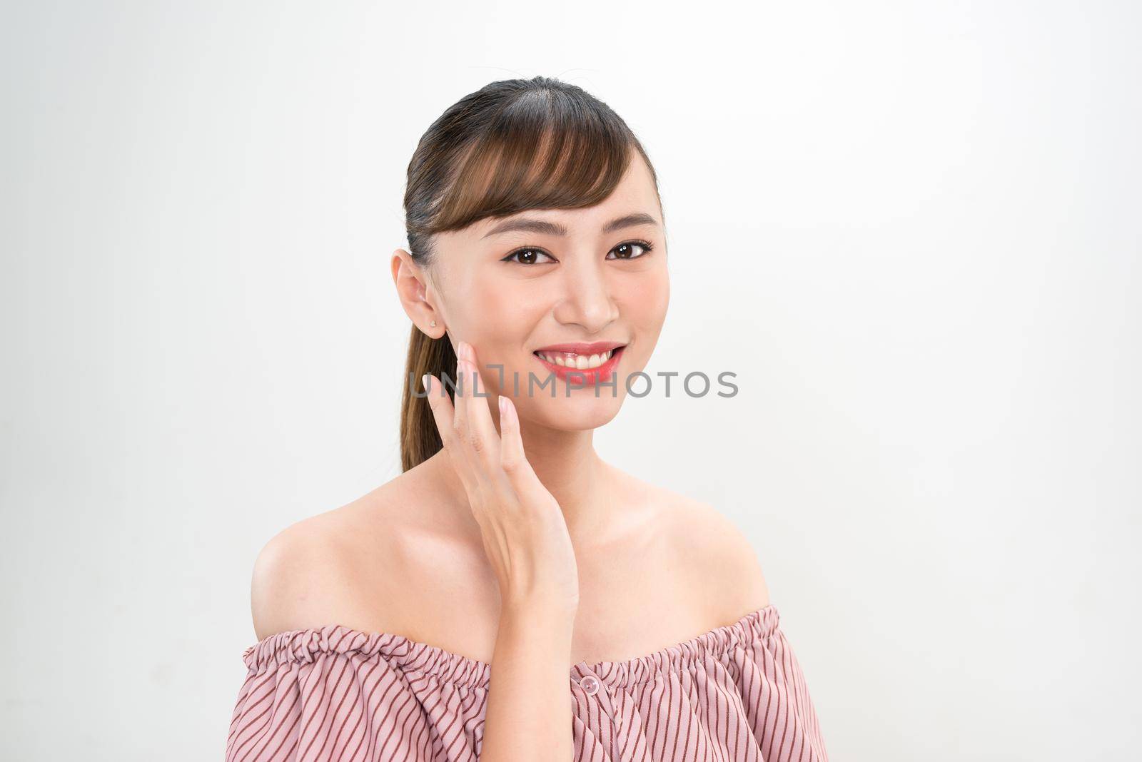 beauty skincare women with health tooth on the white background
