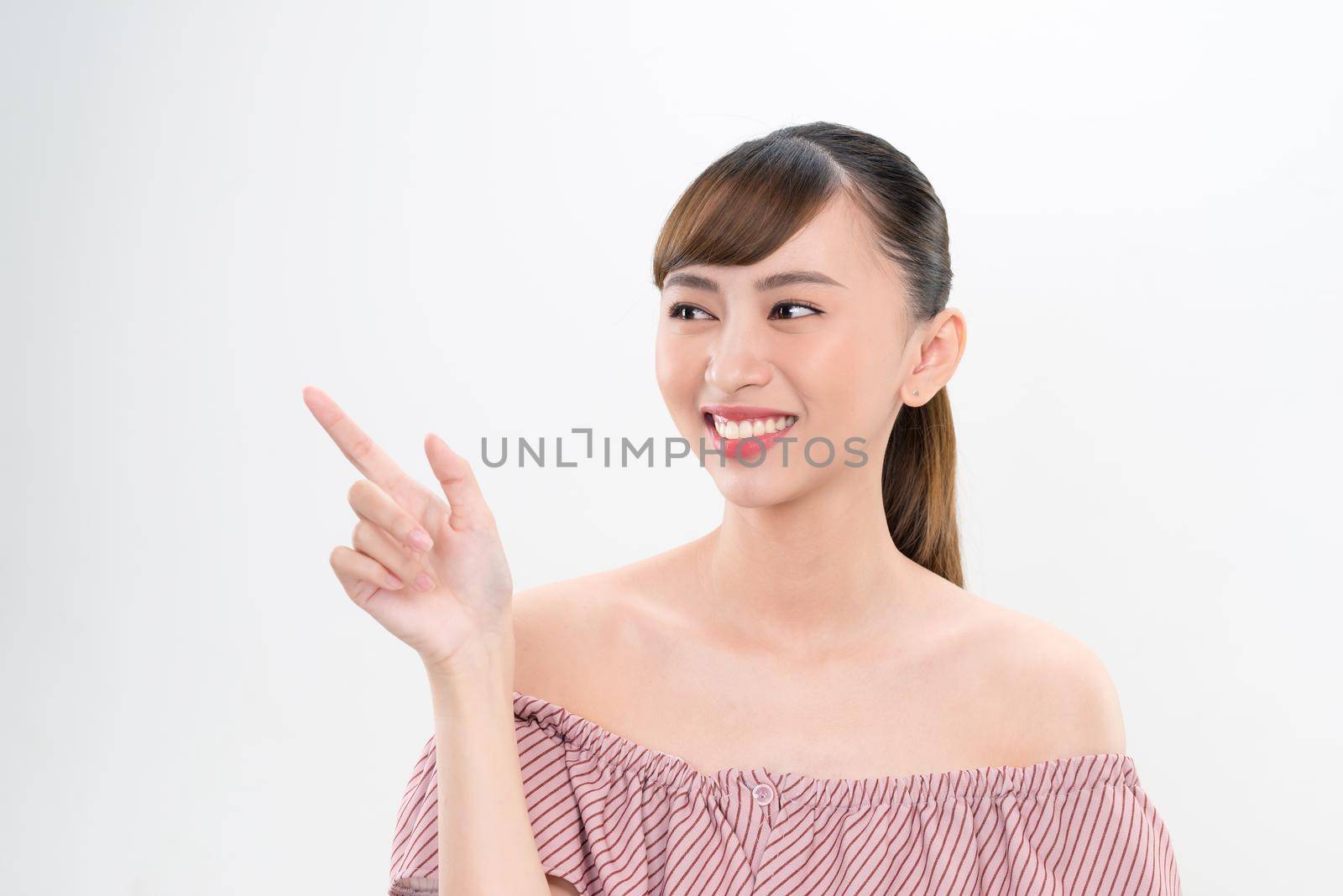 happy woman beautiful smile index finger by makidotvn