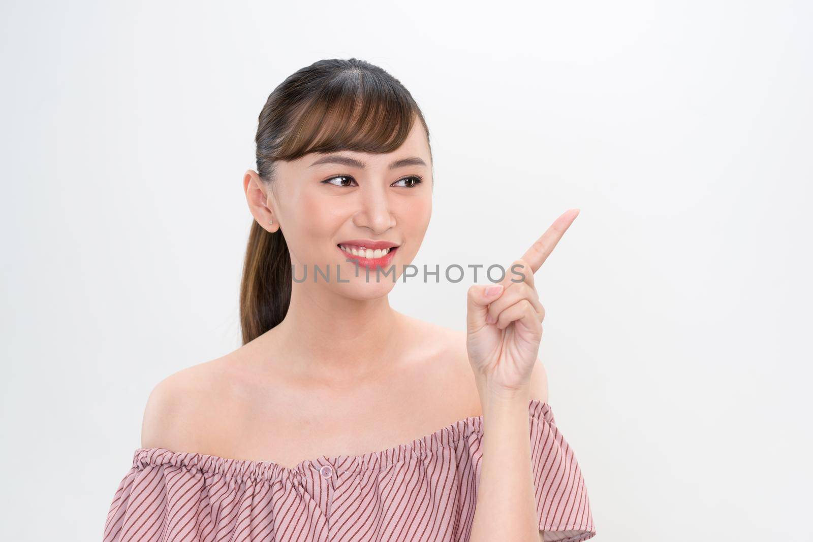 happy woman beautiful smile index finger