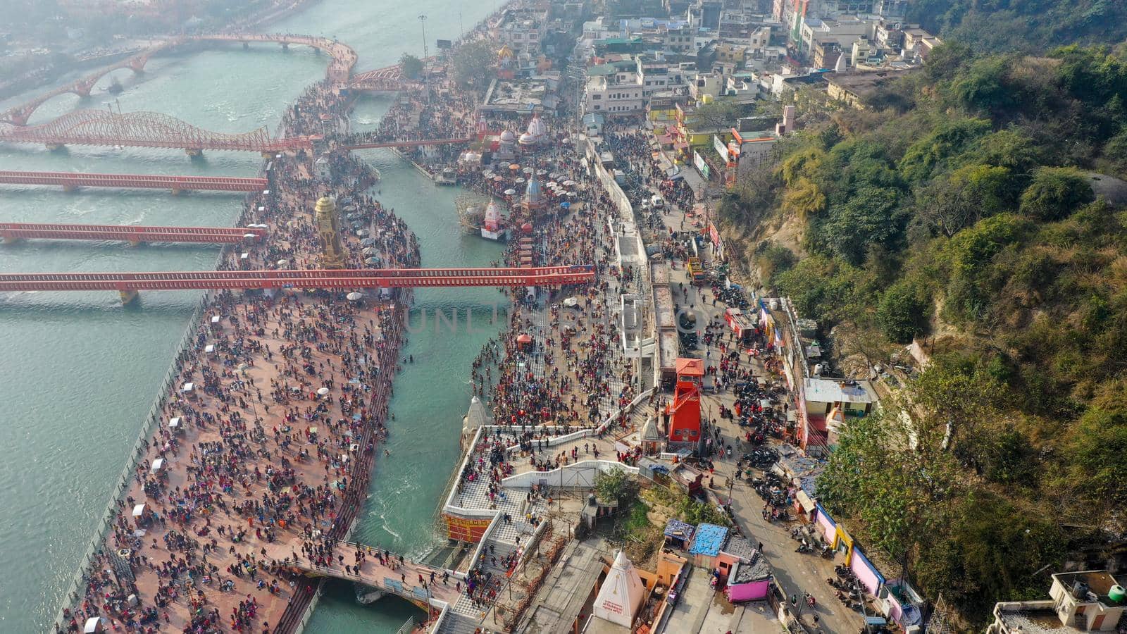 Pilgrims Holy dip in river Ganges, The Home of Pilgrims in India, Kumbh Nagri Haridwar Uttarakhand India.Religious Nagri Haridwar, The Highly visited pilgrimage place in India. City of Holy River Ganga. High quality photo