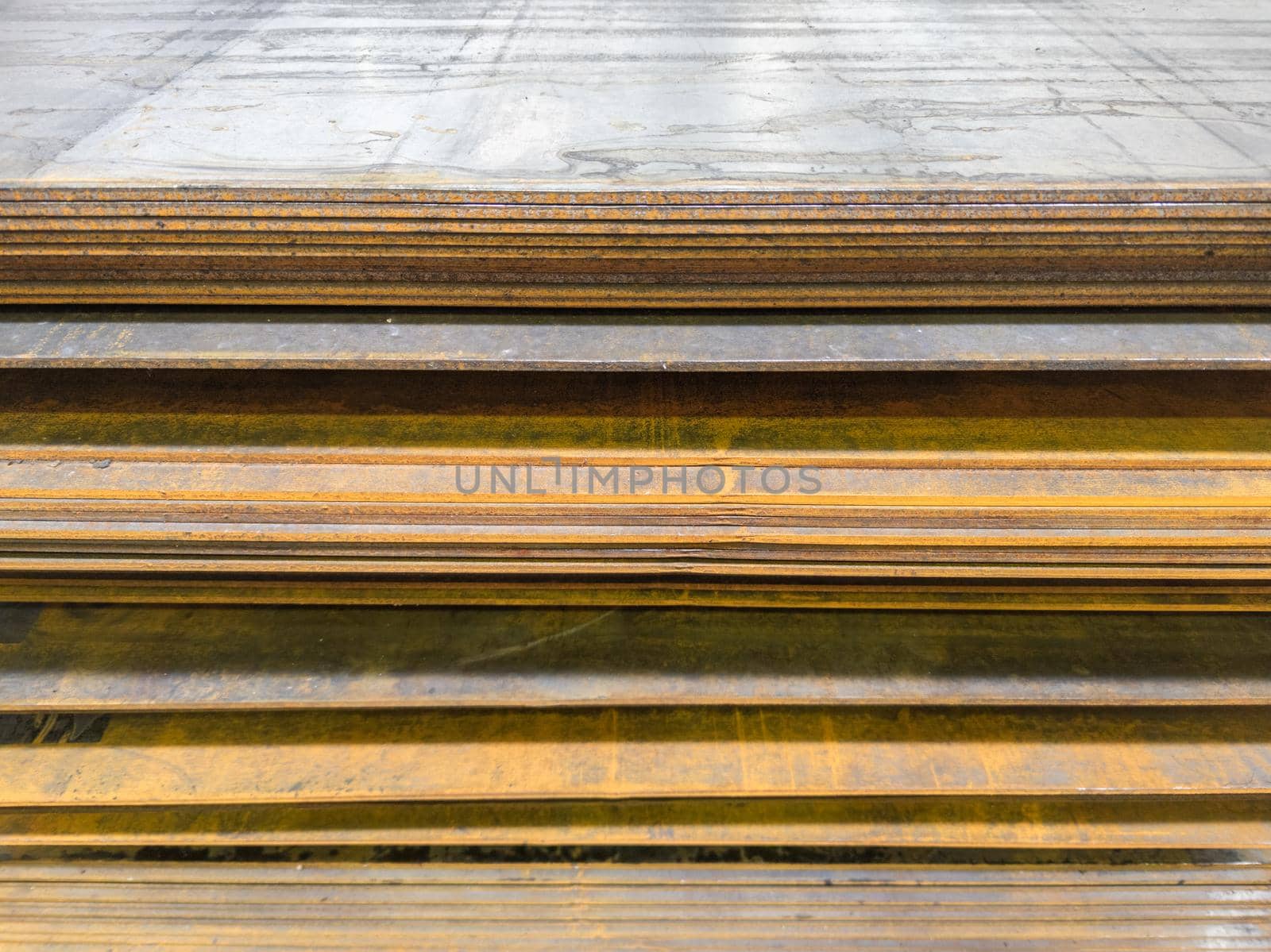 stack of rusted sheet metal - close-up with selective focus.